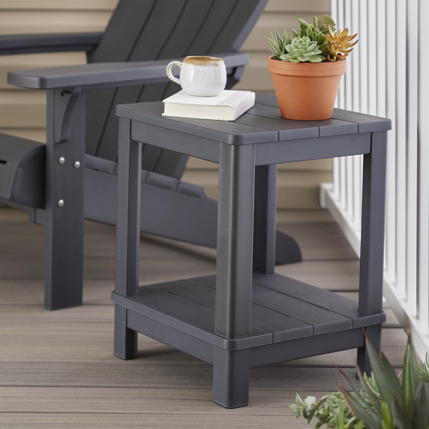 Keter Deluxe Adirondack Side Table Graphite, close-up of weatherproof surface for outdoor use.