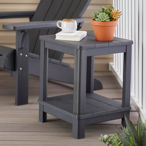 Keter Deluxe Adirondack Side Table Graphite, close-up of weatherproof surface for outdoor use.