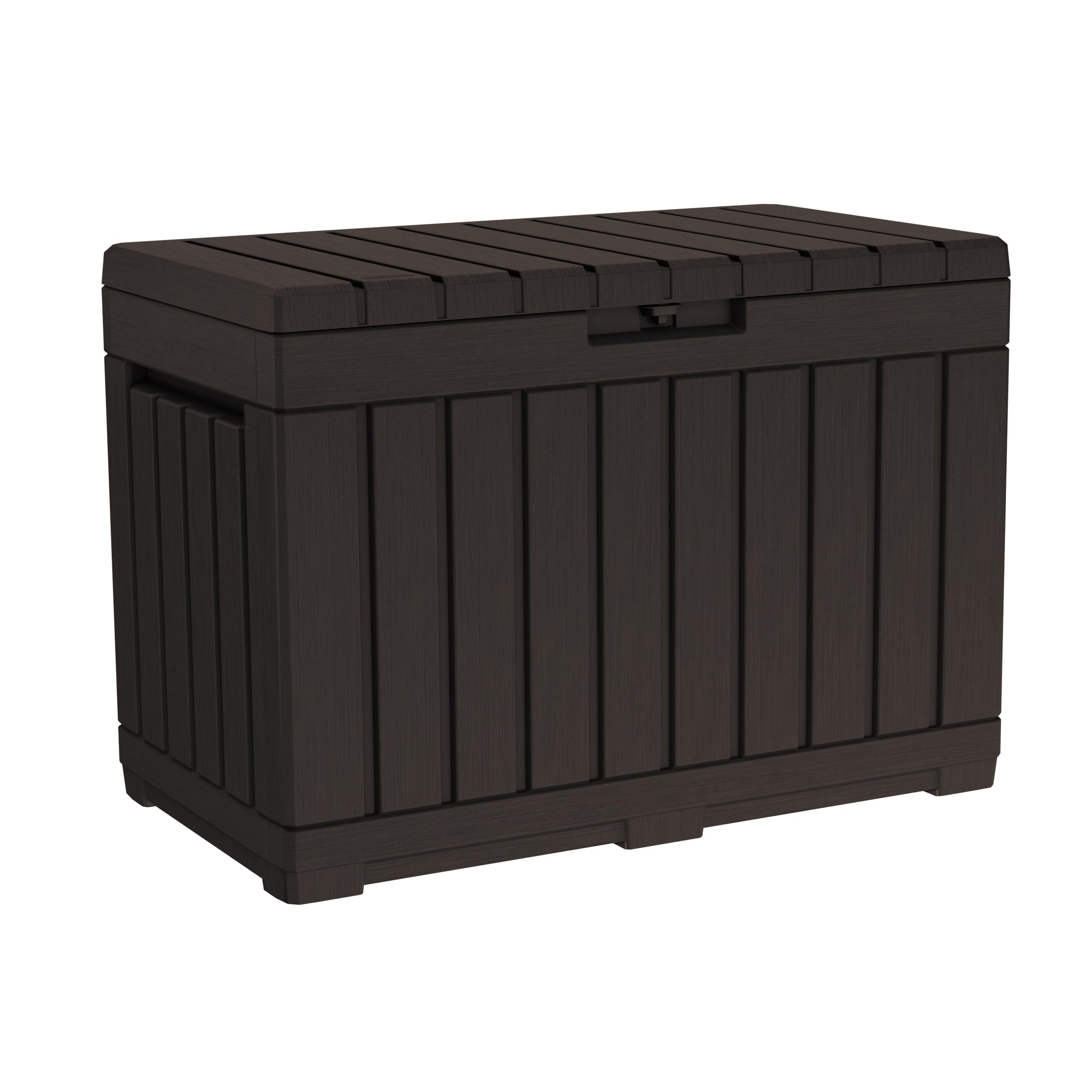 Keter Kentwood 50G deck box closed with lockable lid for secure outdoor storage
