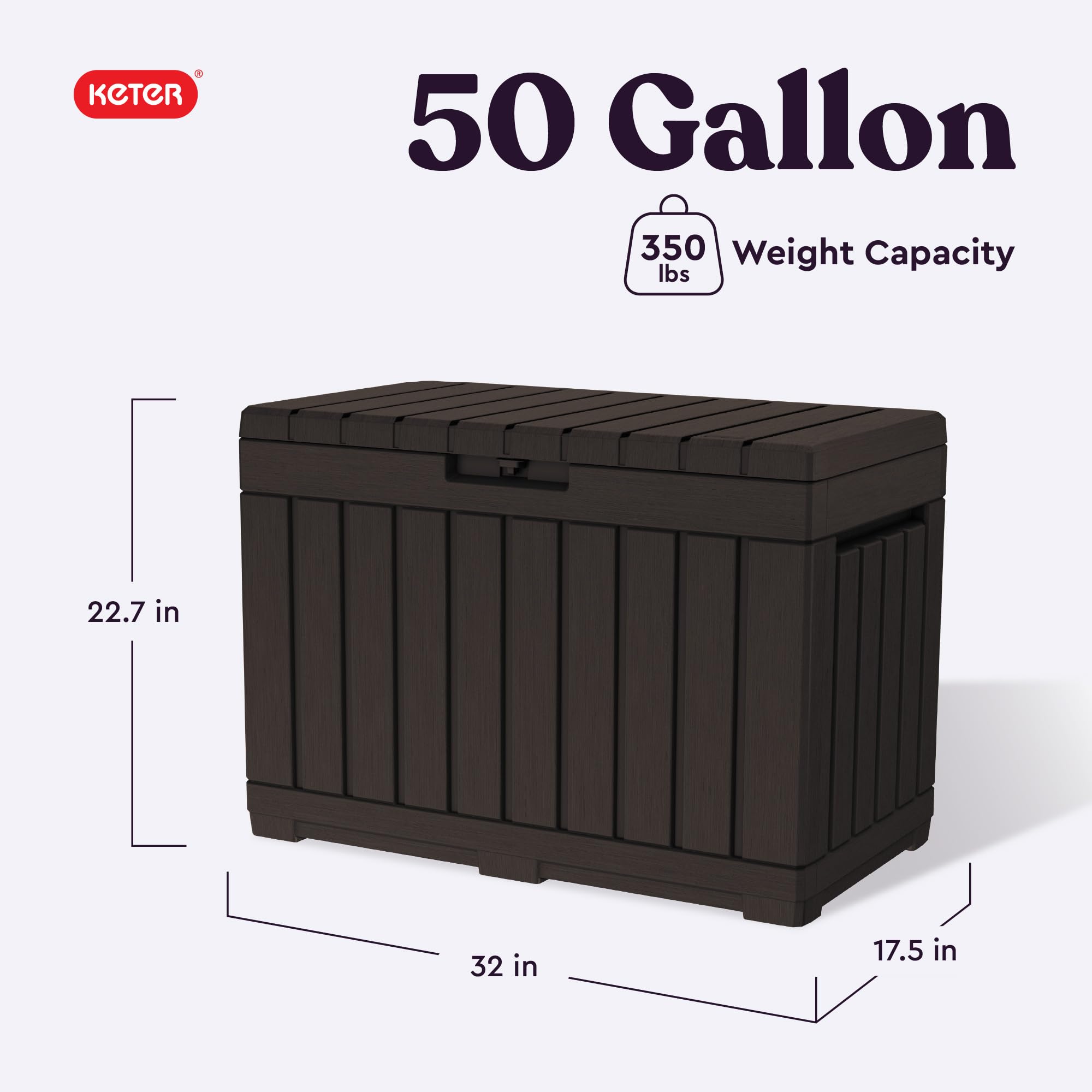 Keter Kentwood 50G deck box open with lid raised showing interior space for cushions