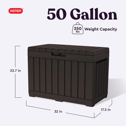 Keter Kentwood 50G deck box open with lid raised showing interior space for cushions