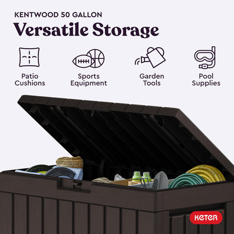 Keter Kentwood 50G lockable lid secures cushions and tools from the elements