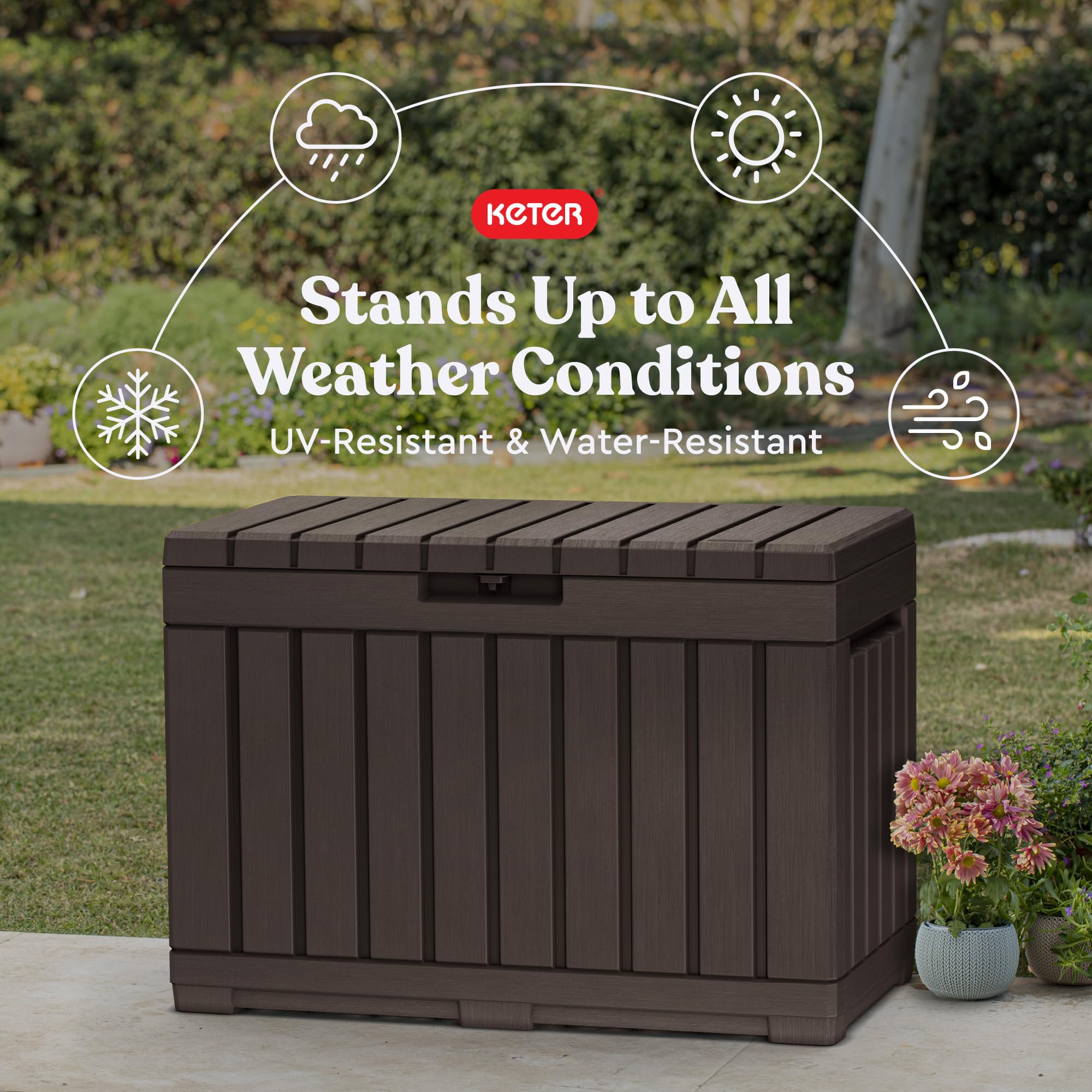 Keter Kentwood 50G wind lock prevents lid from opening in gusty weather