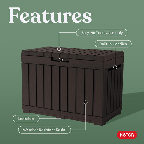 Keter Kentwood 50G wood-look resin finish enhances outdoor decor and resists wear