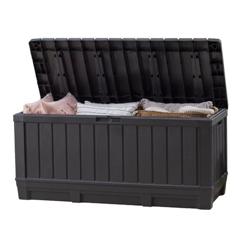 Keter Kentwood 92-gallon deck box showing large capacity for cushions
