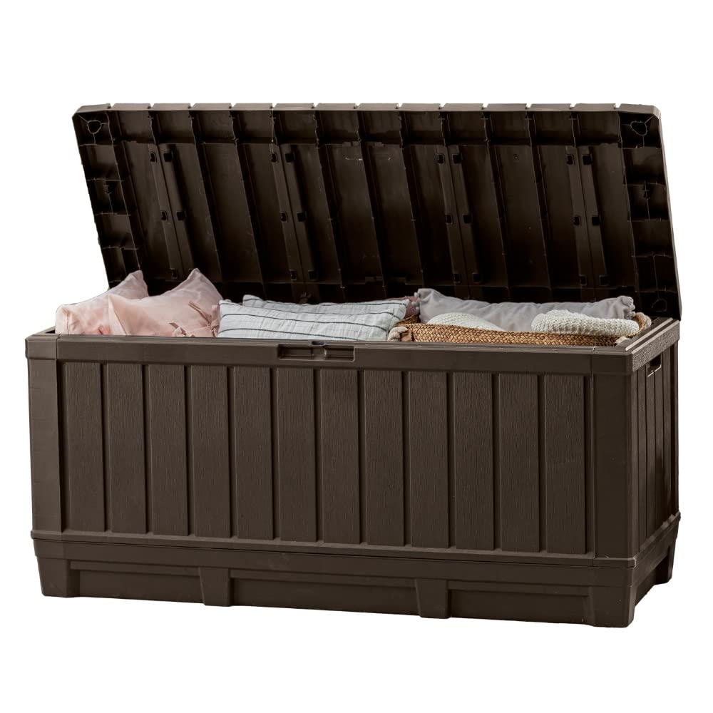 Keter Kentwood 92-Gallon exterior deck box in wood-look resin for patio storage.