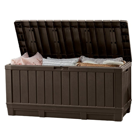 Keter Kentwood 92-Gallon exterior deck box in wood-look resin for patio storage.