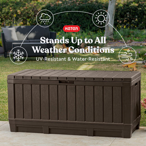 Keter Kentwood deck box doubles as seating for two.