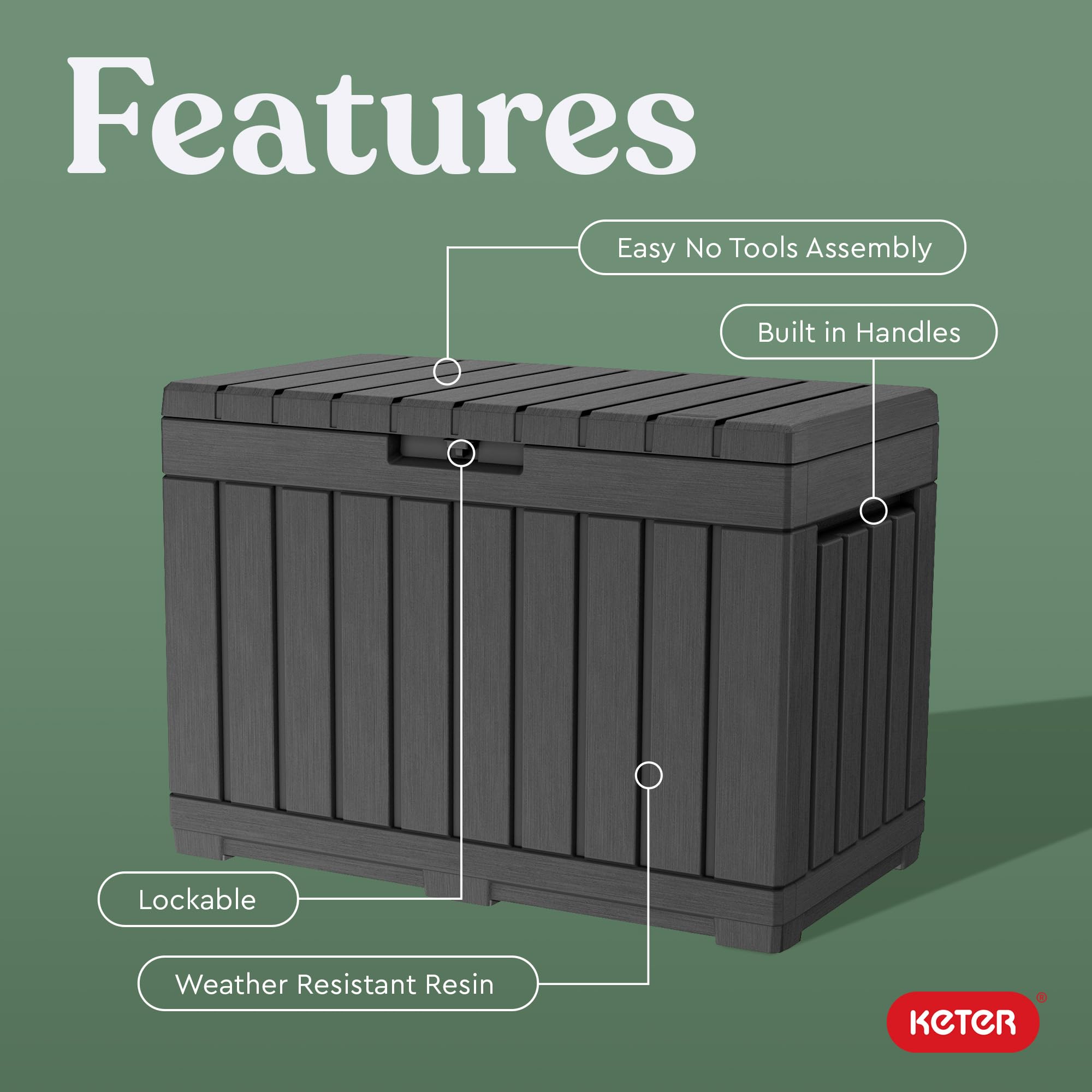 Keter Kentwood lockable lid secures garden tools and gear when not in use.