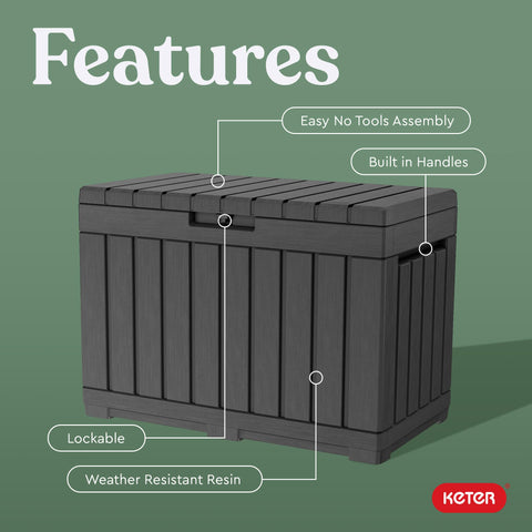 Keter Kentwood lockable lid secures garden tools and gear when not in use.