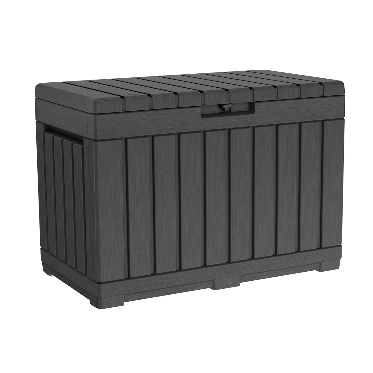 Keter Kentwood deck box with wood-look finish stores cushions neatly on the patio.