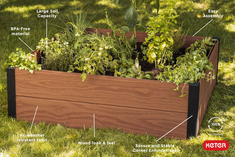 Keter Maple raised bed dimensions reveal 48 by 48 inch footprint.