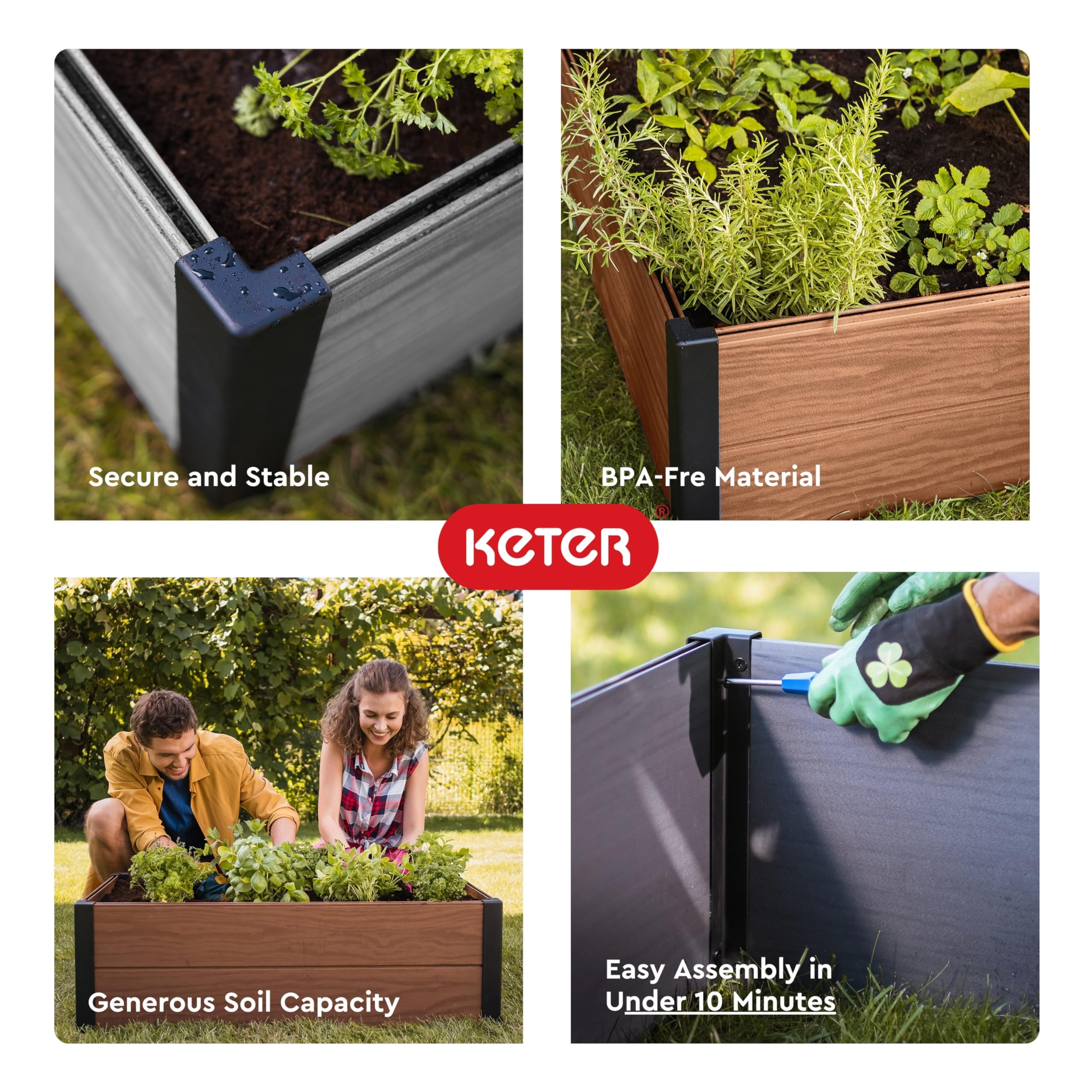 Keter Maple raised bed vegetable area ideal for peppers, lettuce, and herbs.