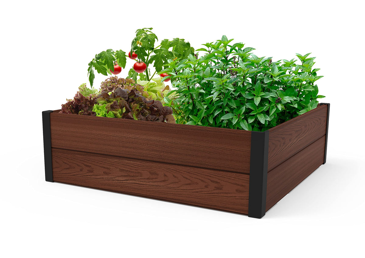 Keter Maple raised bed front view shows wood-look panels for outdoor gardening.