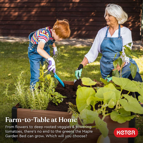 Keter Maple raised bed side angle demonstrates sturdy exterior for long-lasting use.