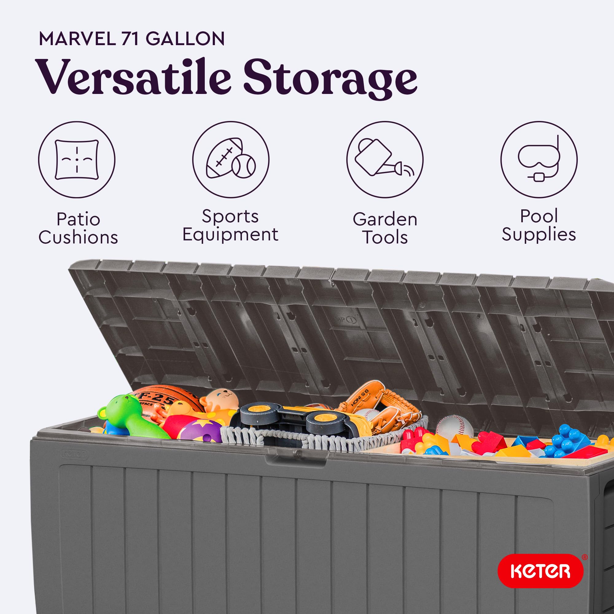 Keter Marvel Plus 71-gallon storage box complements patio decor with versatile storage