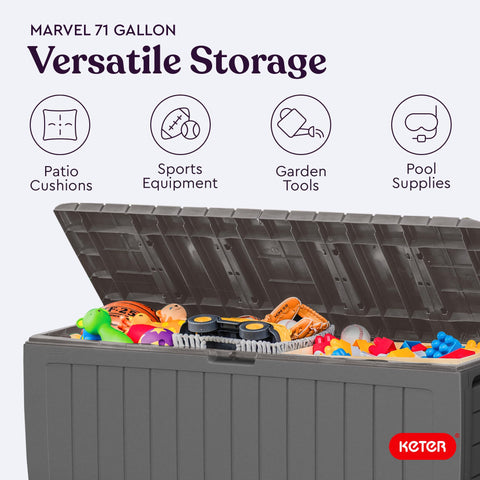 Keter Marvel Plus 71-gallon storage box complements patio decor with versatile storage