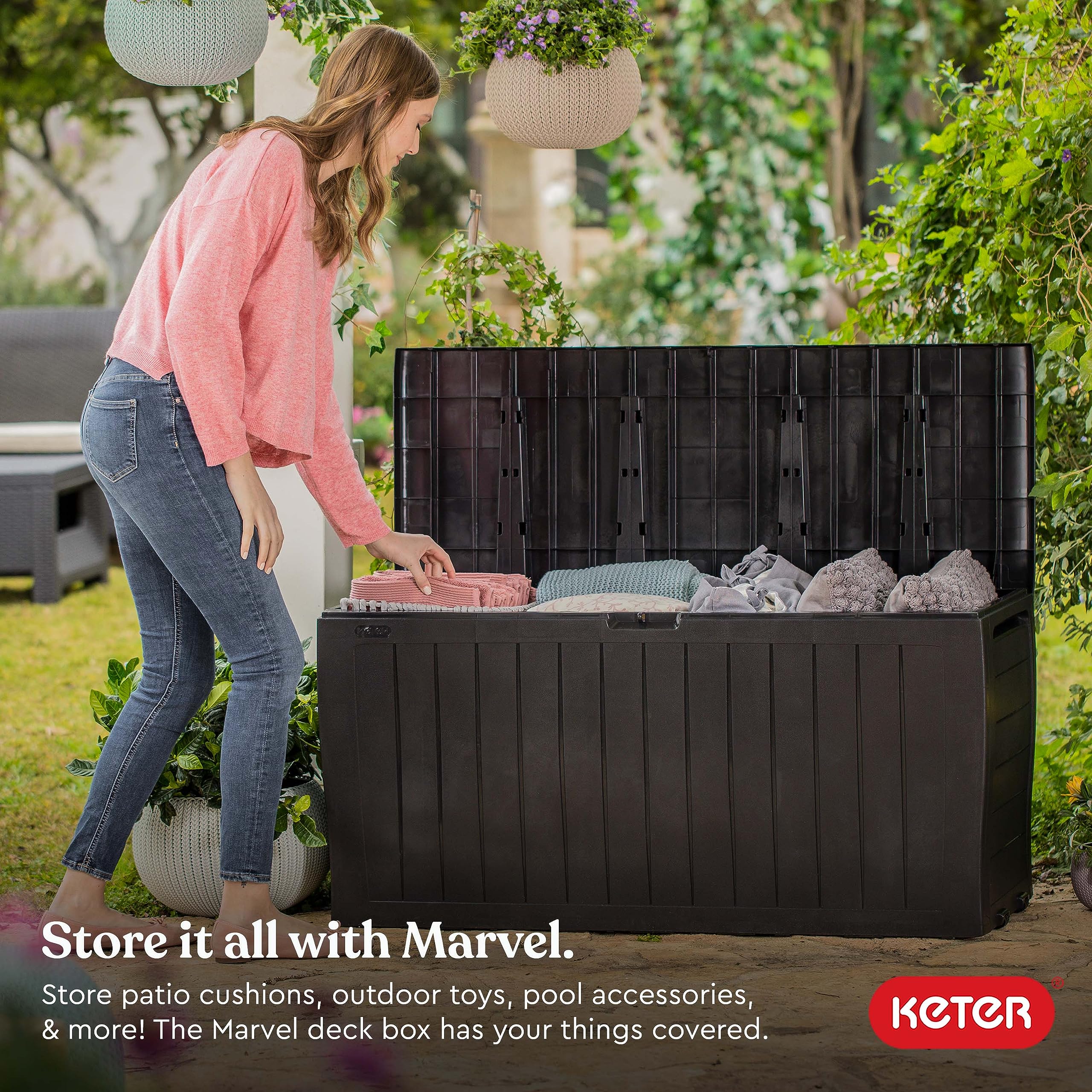 Keter Marvel Plus side view reveals wood-look texture.
