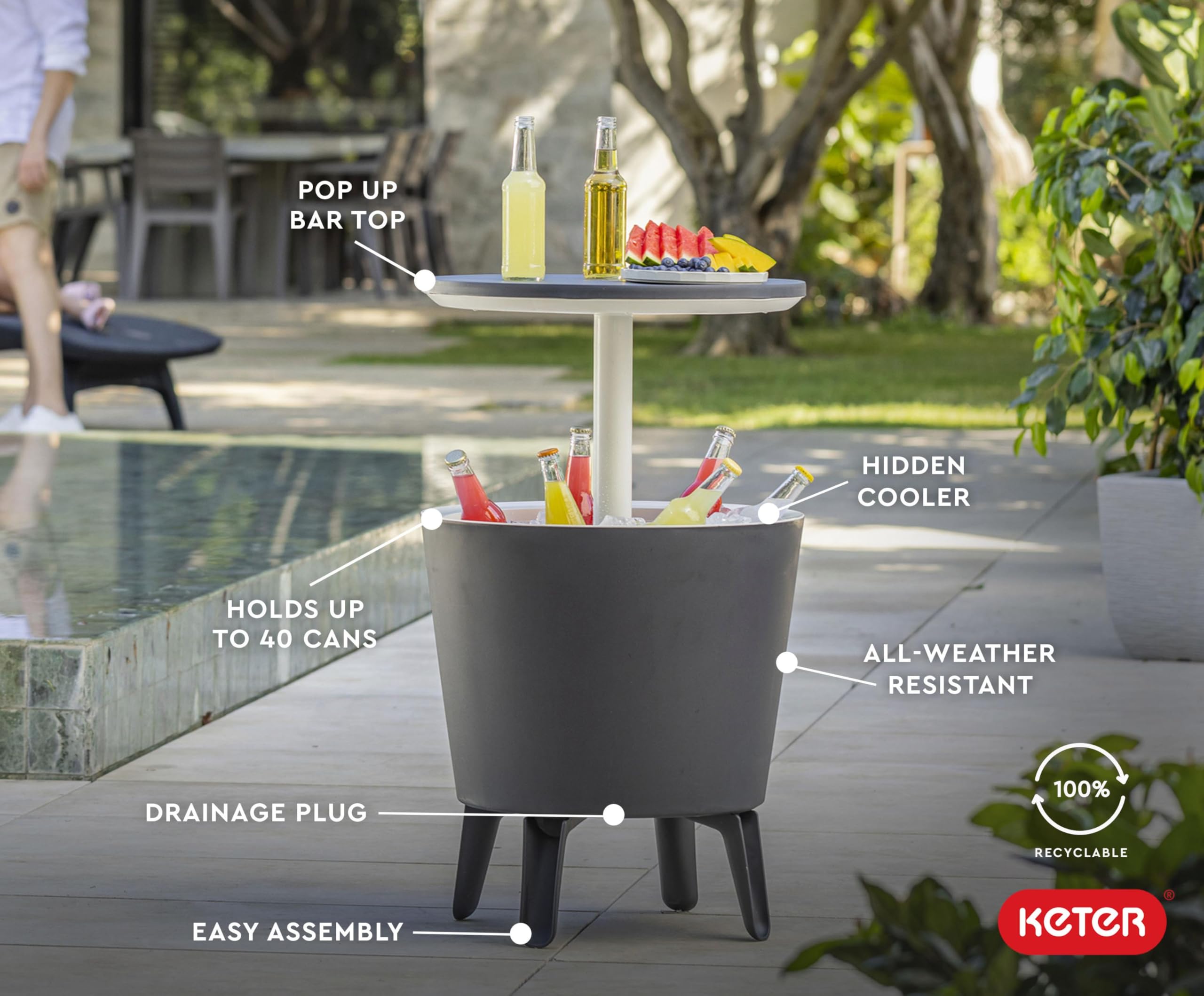 Keter Modern Cool Bar features all weather resin for rain or shine.