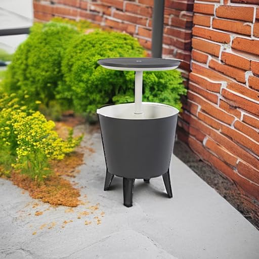 Keter Modern Cool Bar hidden cooler lid extended showing built in storage.