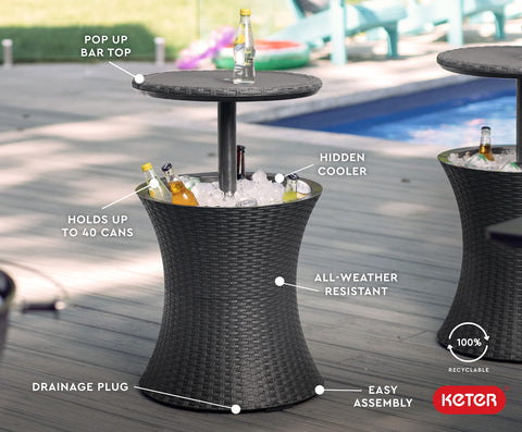 Keter Pacific Cool Bar height extension to 32.5 inches for serving.