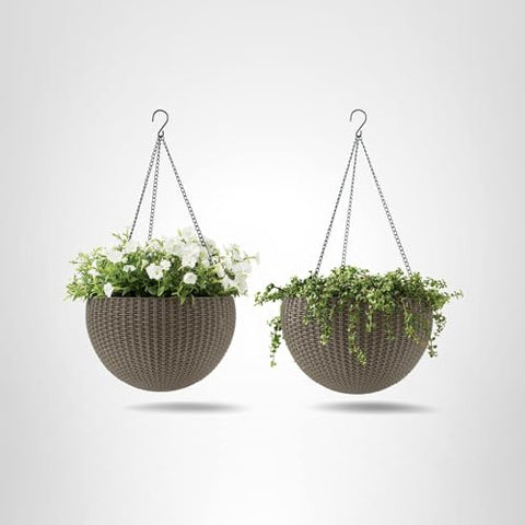 Keter cappuccino-toned hanging planters ideal for porch decor ideas.