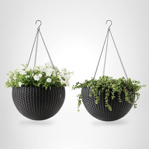 Keter round hanging planter enhances plant display with woven finish