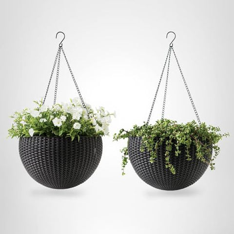 Keter round hanging planter enhances plant display with woven finish