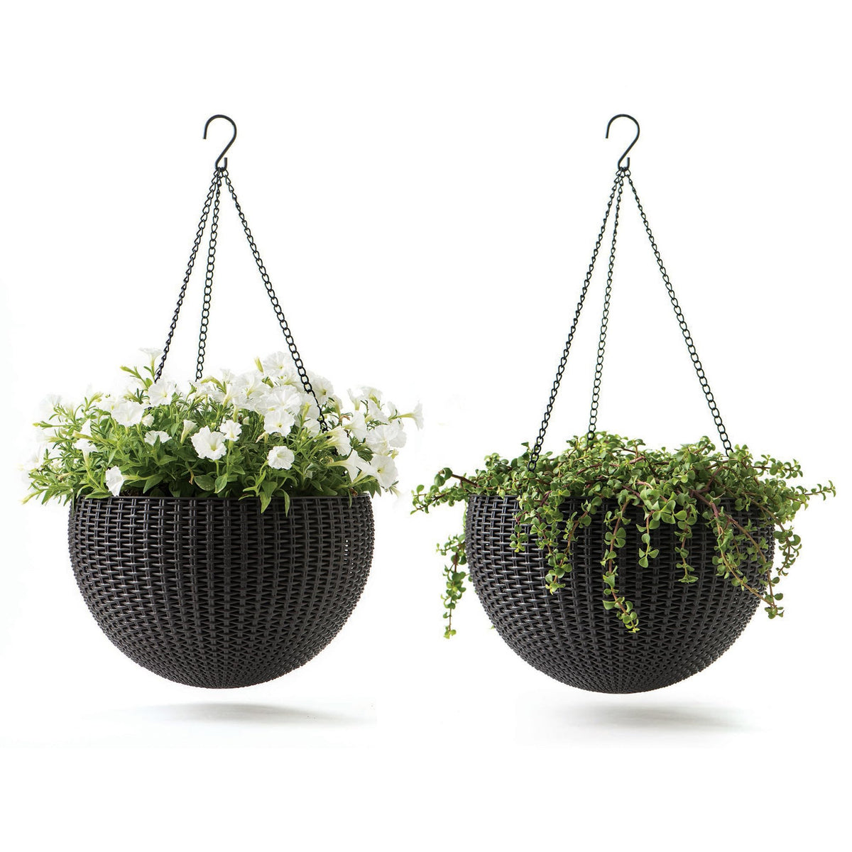 Keter resin rattan round hanging planter graphite, durable indoor-outdoor decor