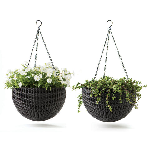 Keter resin rattan round hanging planter graphite, durable indoor-outdoor decor