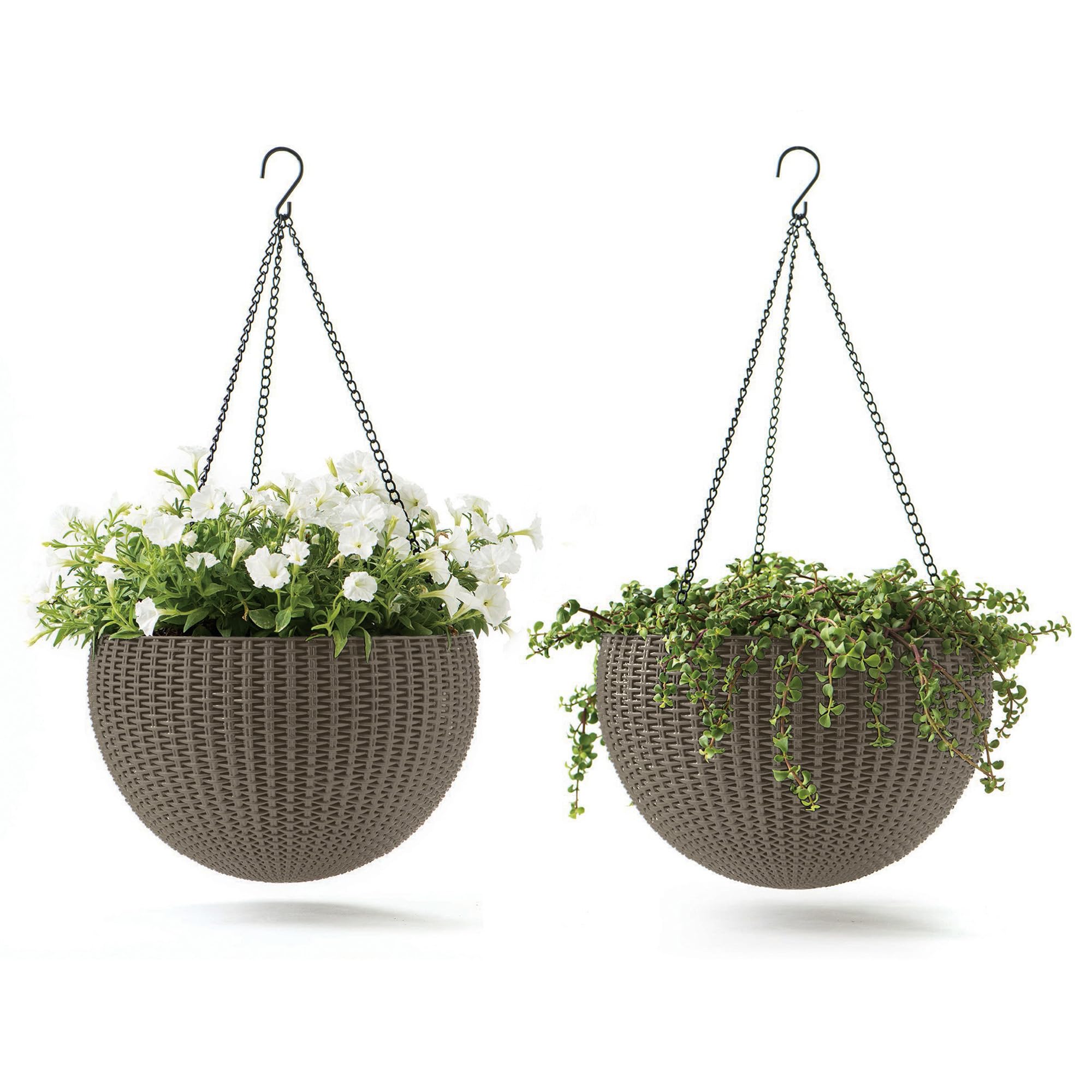 Keter resin rattan hanging planters with a round basket styling, ideal for indoor and outdoor decor.
