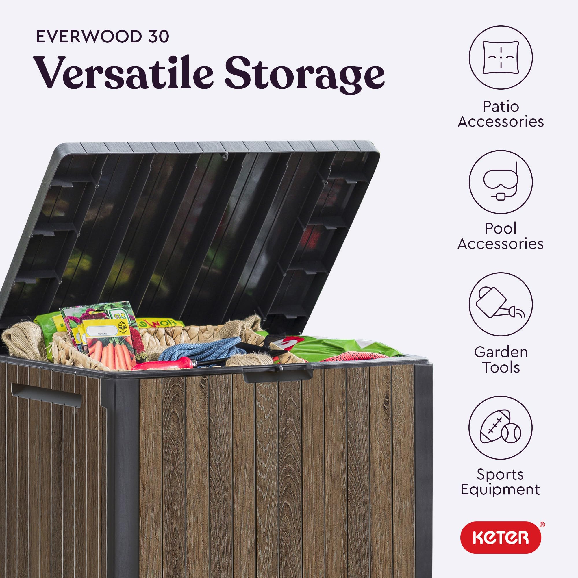 Keter Signature Everwood box with cushions keeps seating area clutter-free