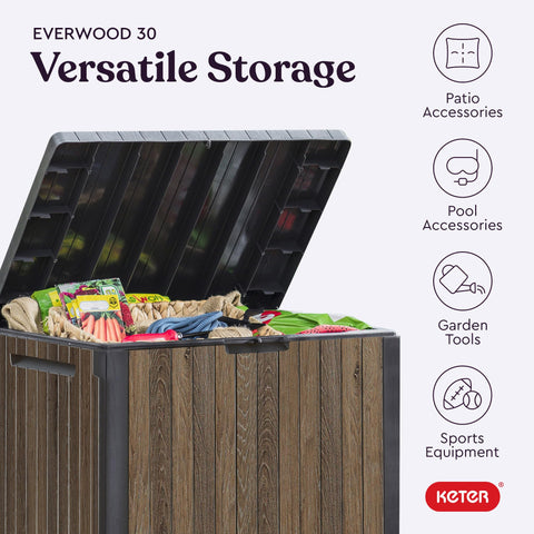 Keter Signature Everwood box with cushions keeps seating area clutter-free
