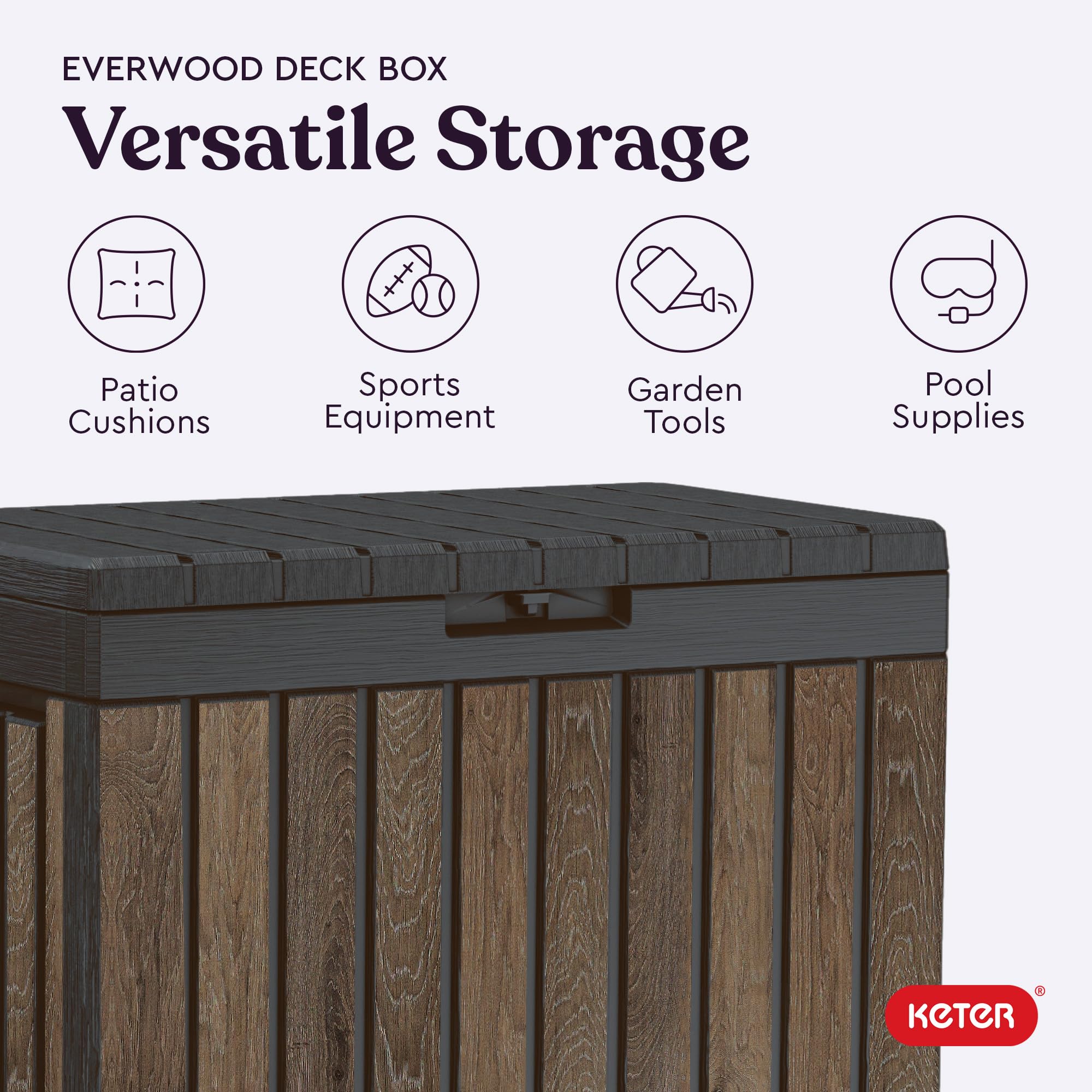 Keter Signature Everwood interior shows cushions stored for patio organization.