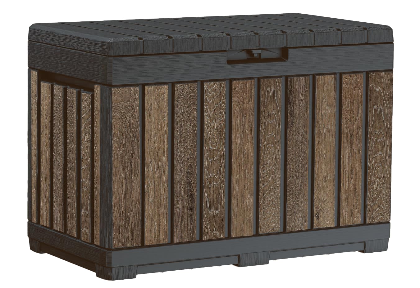 Keter Signature Everwood deck box with lid open, offering convenient outdoor storage.