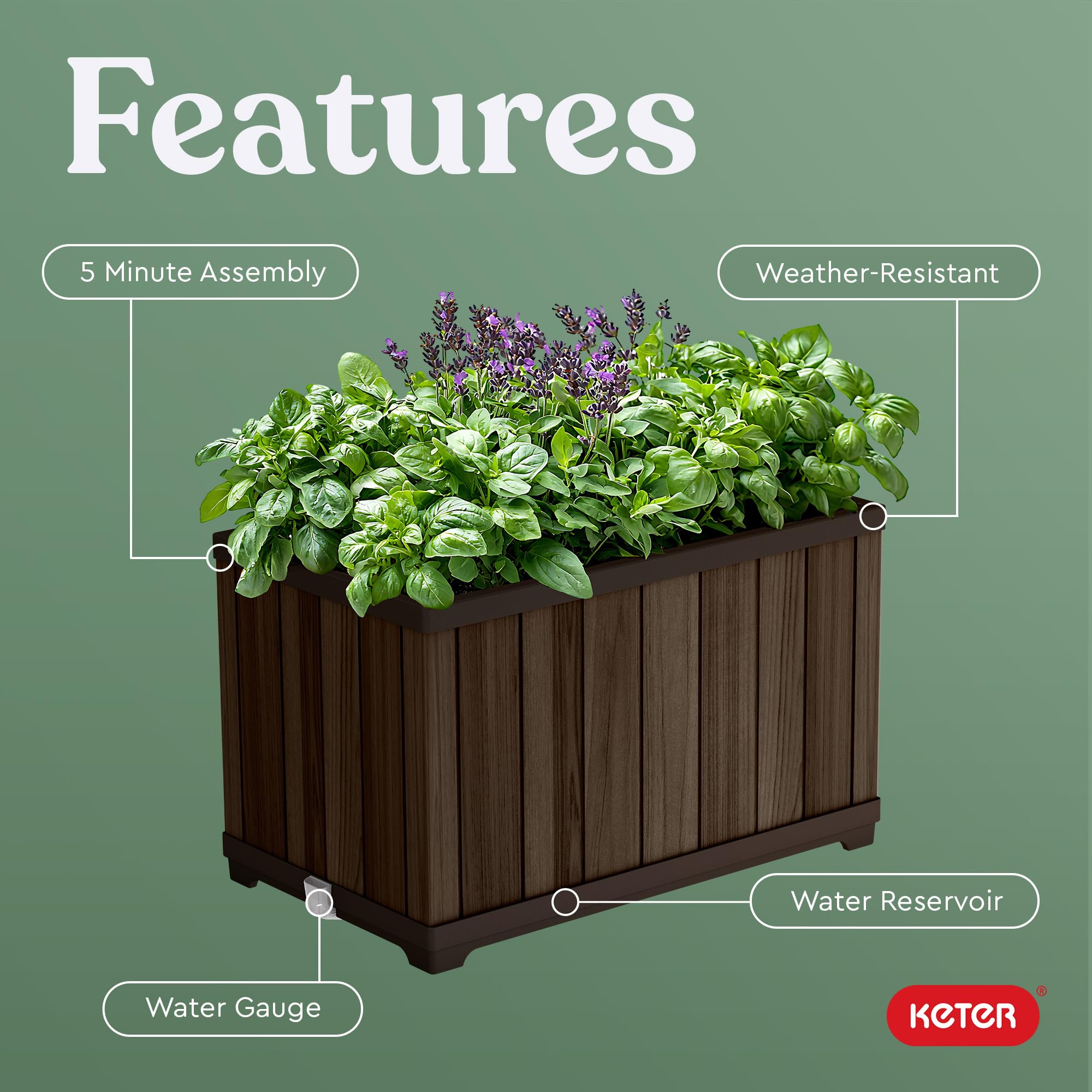 Keter Signature rectangle planter showing 37 gallon soil capacity for versatile planting