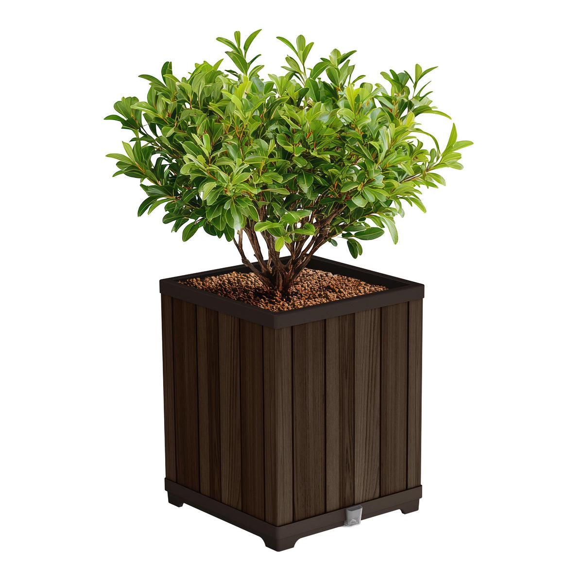 Keter Signature Square Planter in rosewood exterior view highlighting outdoor-ready design