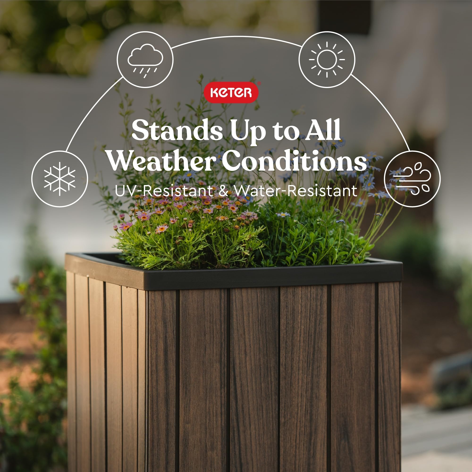 Keter Signature Square Planter self-watering reservoir demonstrates convenient plant care