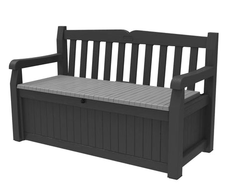 Keter Solana storage bench in graphite exterior, showcasing 70 gallon capacity for outdoor storage.