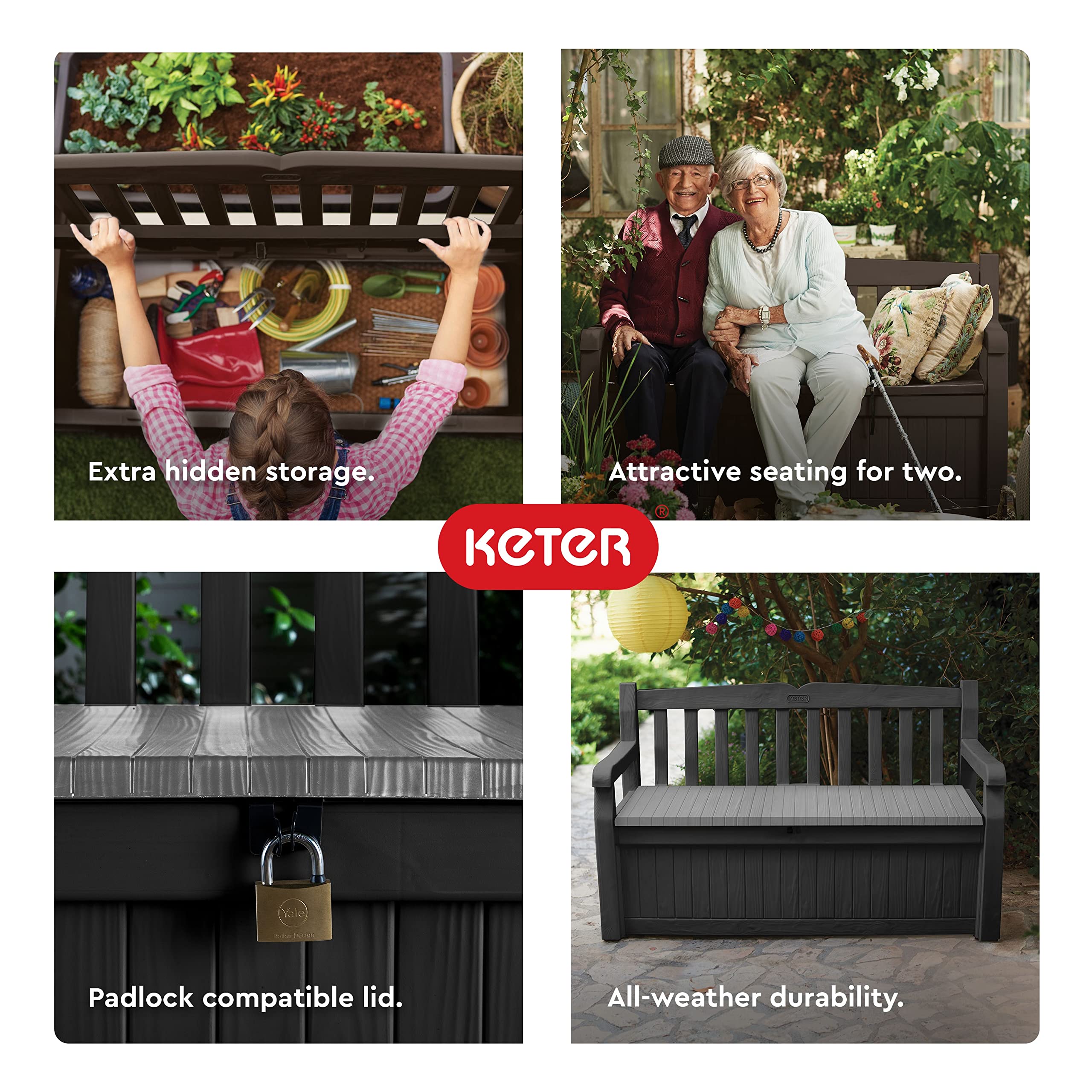 Keter Solana garden-tools-under-seat idea for organized yard essentials.
