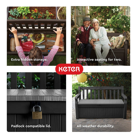 Keter Solana garden-tools-under-seat idea for organized yard essentials.