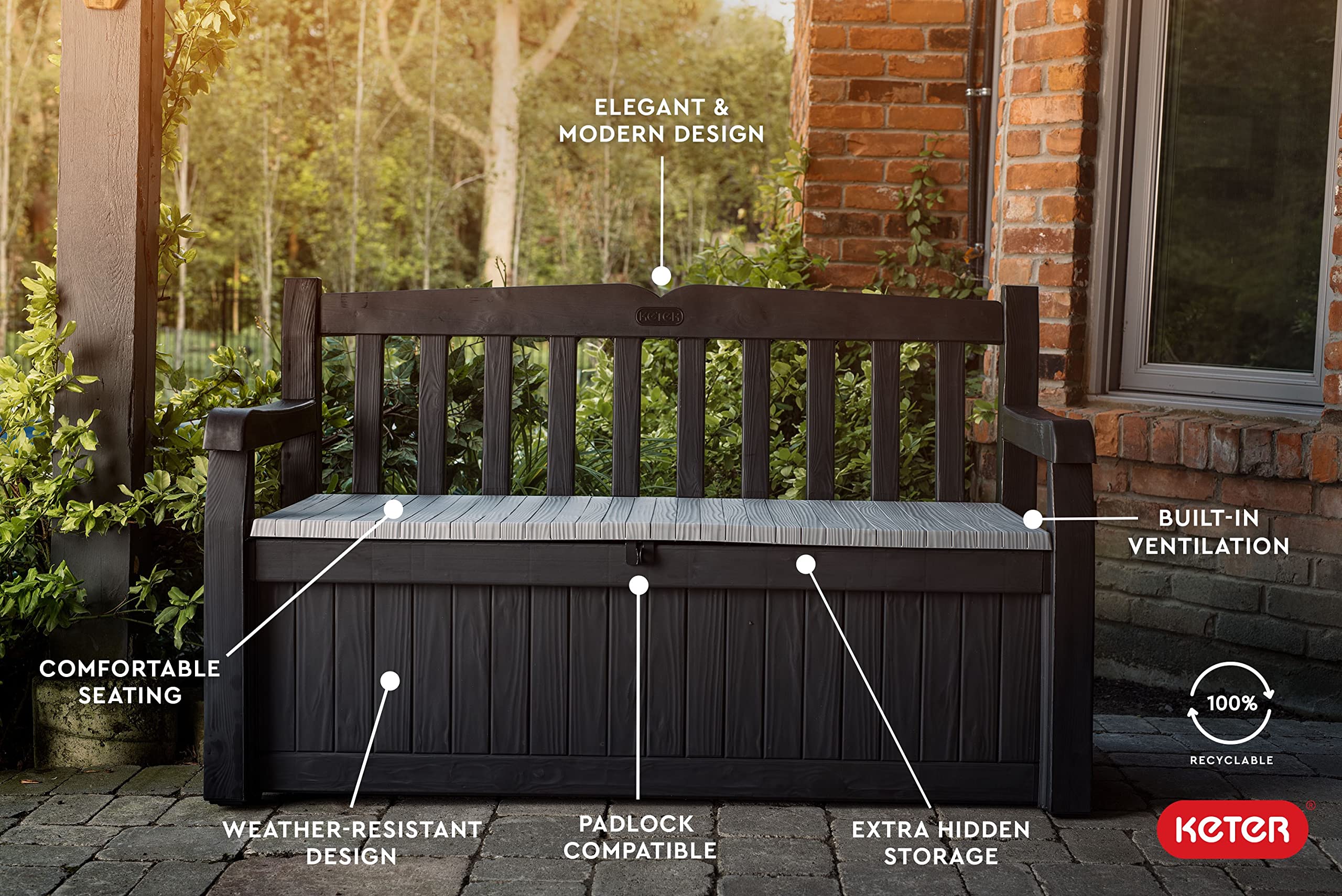 Keter Solana locking-latch outdoor storage for secure access.