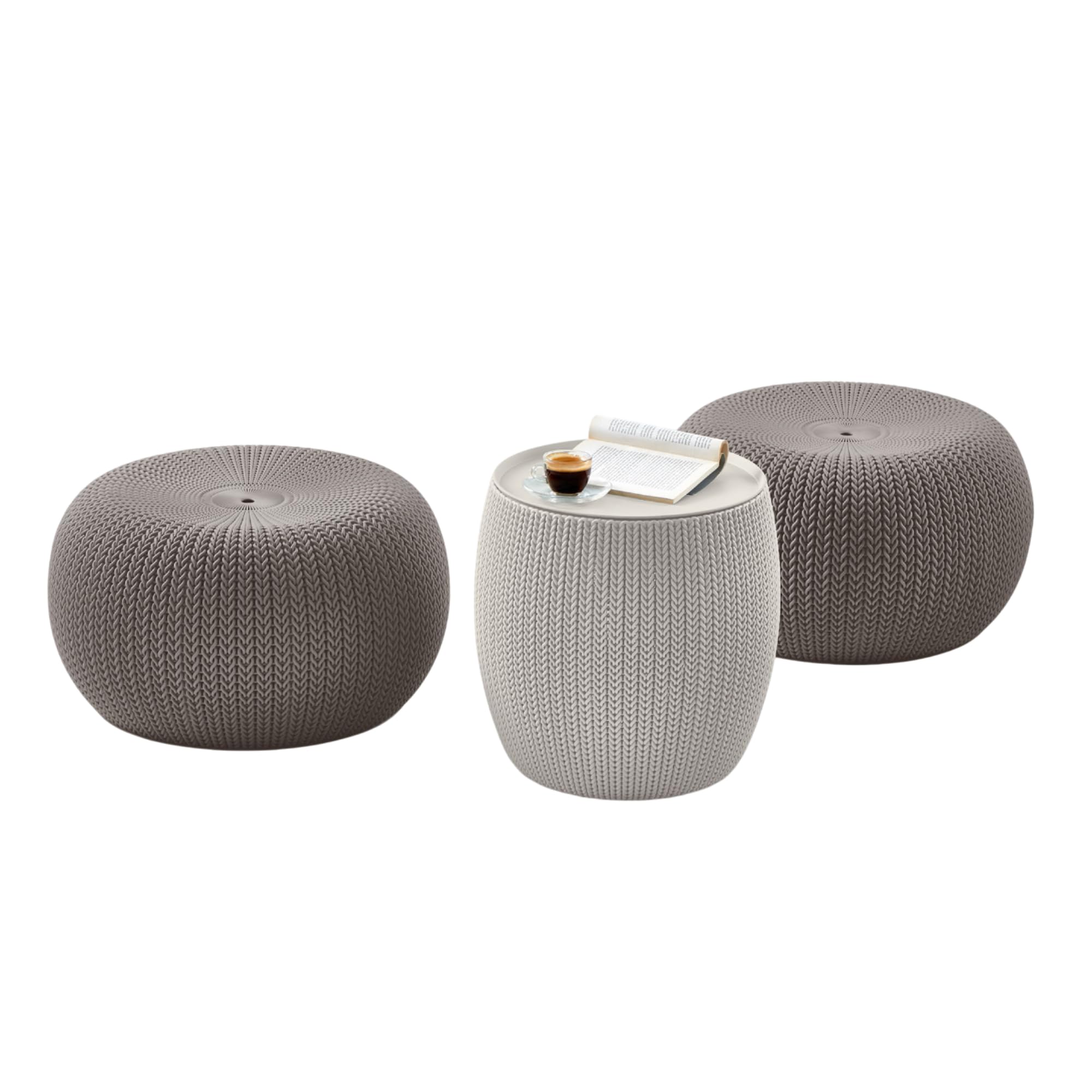 Keter Urban Knit pouf pair in cream and taupe for outdoor seating.