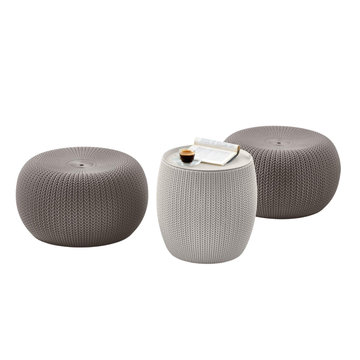 Keter Urban Knit pouf pair in cream and taupe for outdoor seating.