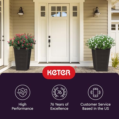 Keter wood-look tapered planter graphite annual flower display ideas.