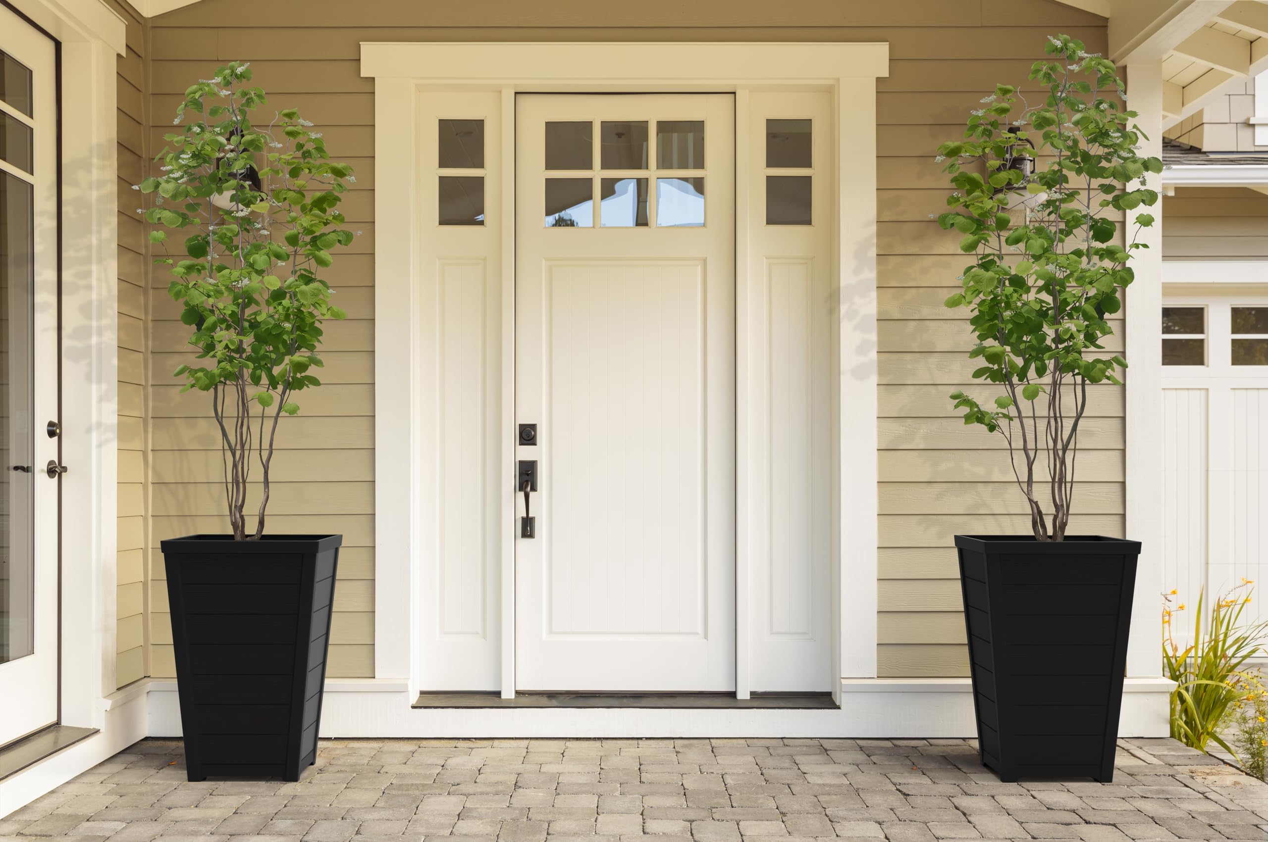 Keter wood-look tapered planter graphite garden border accents.