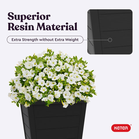 Keter wood-look tapered planter graphite large soil capacity showcased.