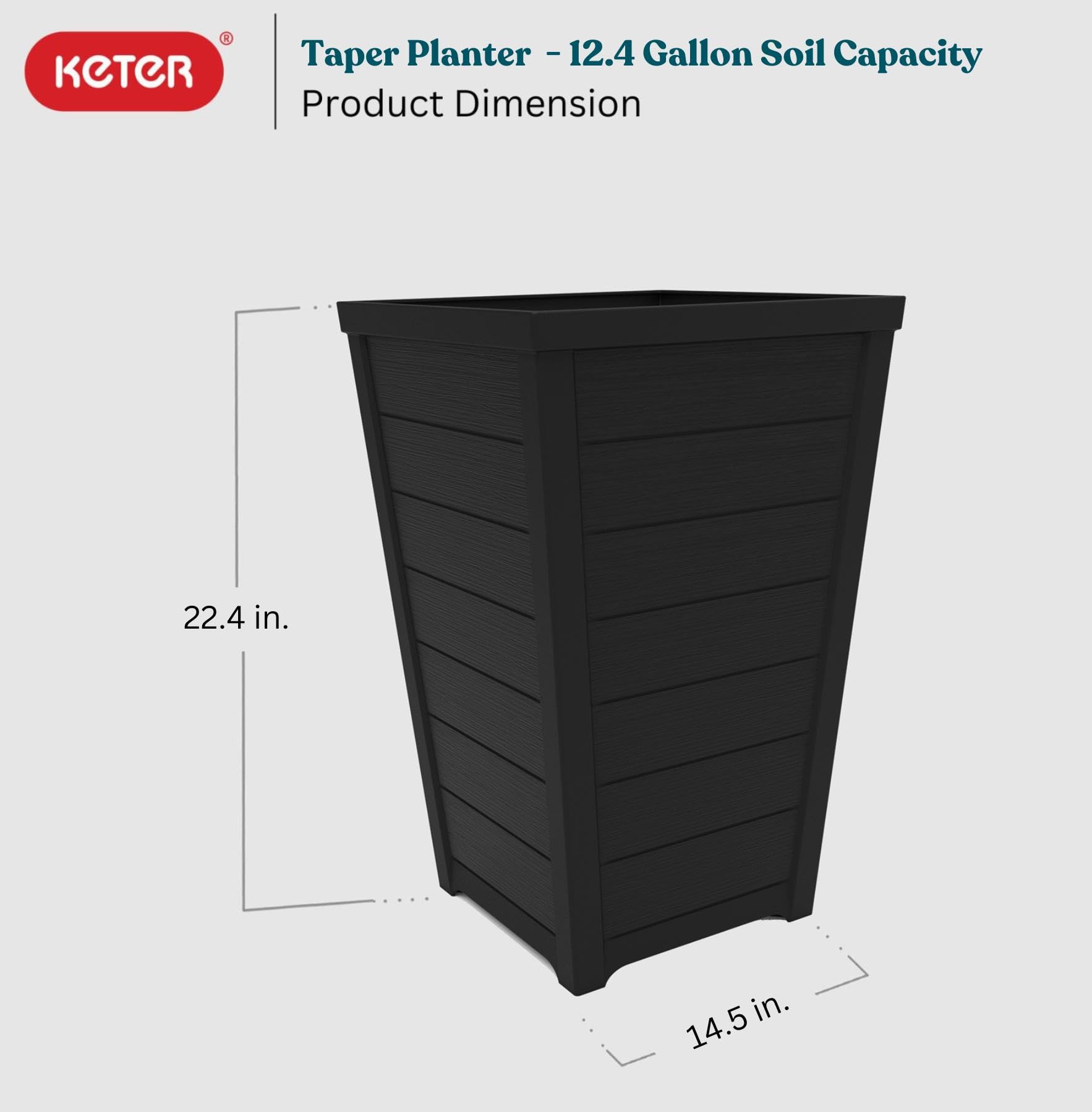 Keter wood-look tapered planter graphite on patio for vibrant blooms.