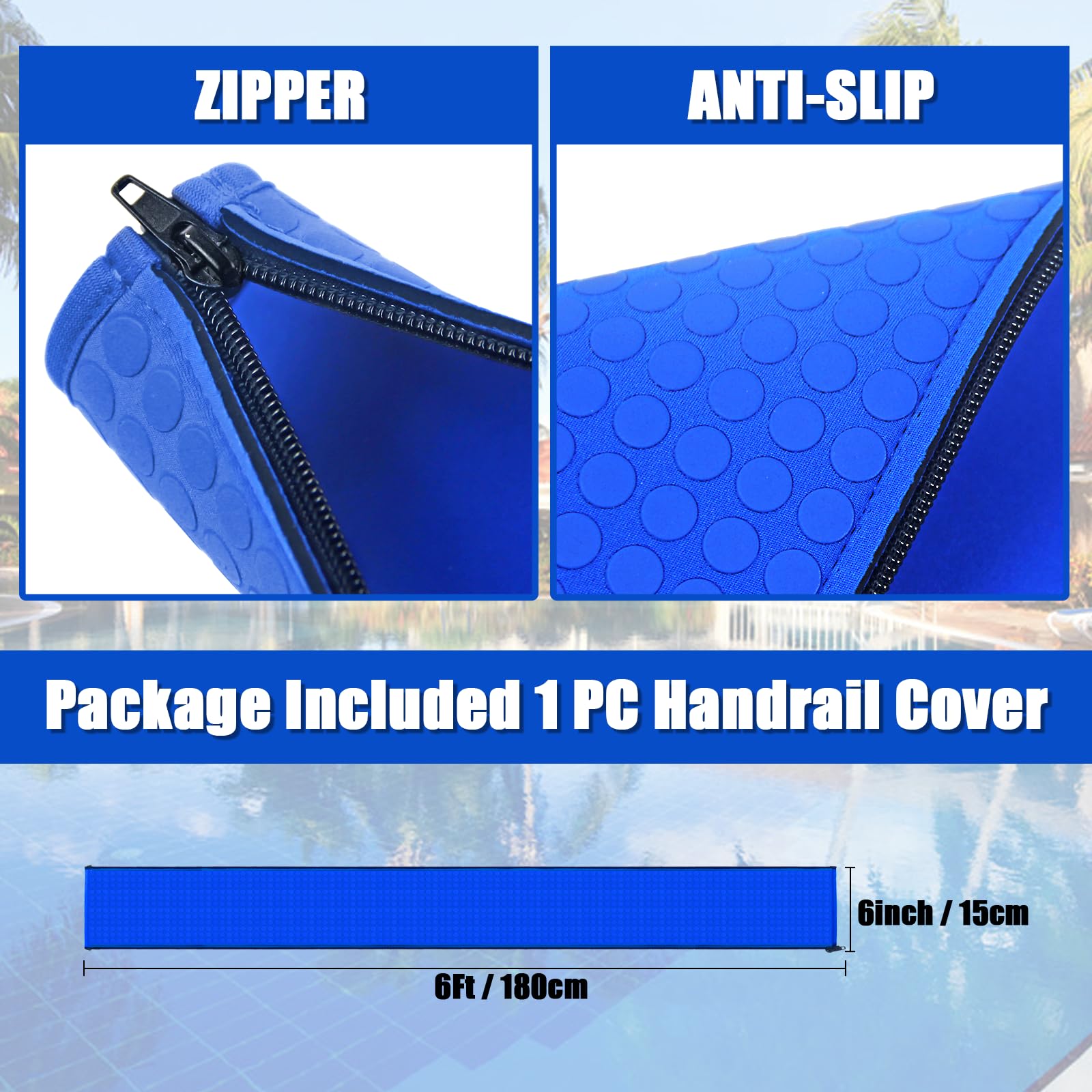 KETNET pool handrail cover in royal blue offers heat resistance in sunny yards.
