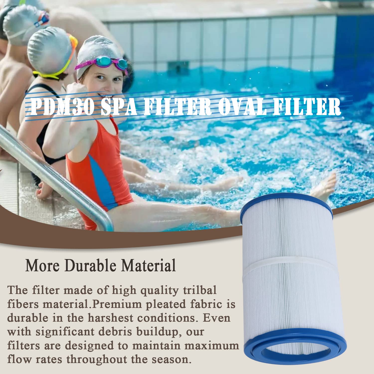 Ketofa PDM30 spa filter oval cartridge closeup highlighting trilobal filtration